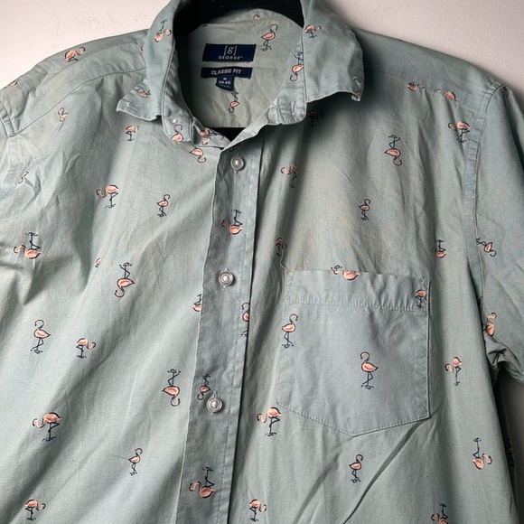 Men's George Casual Blueish Green Flamingo Summer Short Sleeve Button Up Size M - Picture 3 of 5
